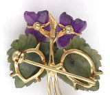 14k Yellow Gold Carved Genuine Amethyst Violet Flower and Jade Leaf Pin (#J7253)