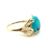 Vintage 14k Yellow Gold Genuine Natural Turquoise Ring with Birds (#J5225)