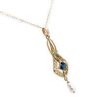 10k Yellow Gold Lavaliere with Pearl Drop and Blue Glass Accent w/Chain (#J7192)