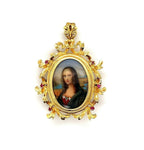 18k Yellow Gold Hand Painted Portrait Pin Mona Lisa (#J5379)
