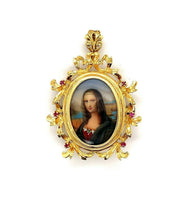 18k Yellow Gold Hand Painted Portrait Pin Mona Lisa (#J5379)