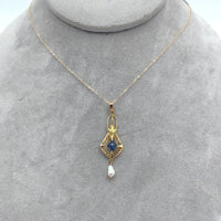 10k Yellow Gold Lavaliere with Pearl Drop and Blue Glass Accent w/Chain (#J7192)