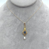 10k Yellow Gold Lavaliere with Pearl Drop and Blue Glass Accent w/Chain (#J7192)