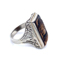 14k White Gold Filigree Genuine Natural Tiger's Eye Cameo Ring (#J4989)