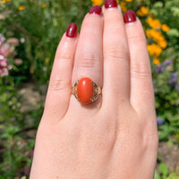 14k Yellow Gold Red/Orange Oval Genuine Natural Coral Ring Size 6.25 (#J6947)