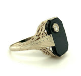 14k White Gold Filigree Genuine Natural Black Onyx Diamond Ring (#J5307)