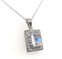 14k White Gold Rainbow Genuine Natural Moonstone Teal Sapphire Pendant (#J6260)