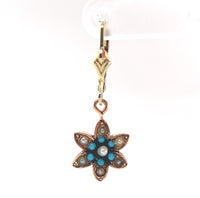 10k Yellow Gold Victorian Turquoise and Seed Pearl Flower Dangle Earrings #J6344