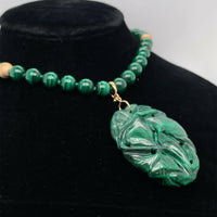 14k Gold Genuine Natural Malachite 8mm Bead Strand and Carved Enhancer (#J5499)