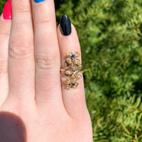 14k Gold Bypass Style Floral Ring w/Genuine Natural Diamond and Sapphires #J6622