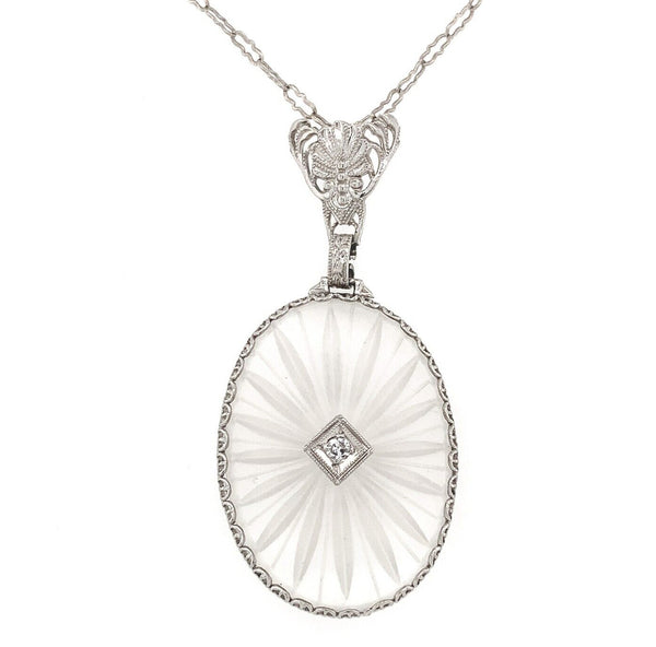 14k Gold Filigree Genuine Natural Rock Crystal Quartz Diamond Pendant (#J6589)