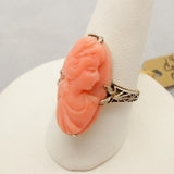 14k Yellow Gold Art Deco Genuine Natural Coral Cameo Ring Size 4.5 (#J705)