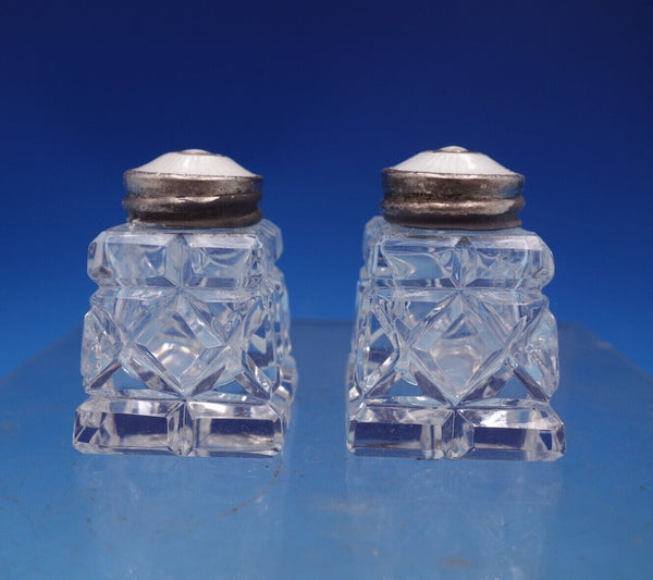 Norwegian Sterling Silver Glass Salt Pepper Shaker Set 2pc White Enamel (#6896)