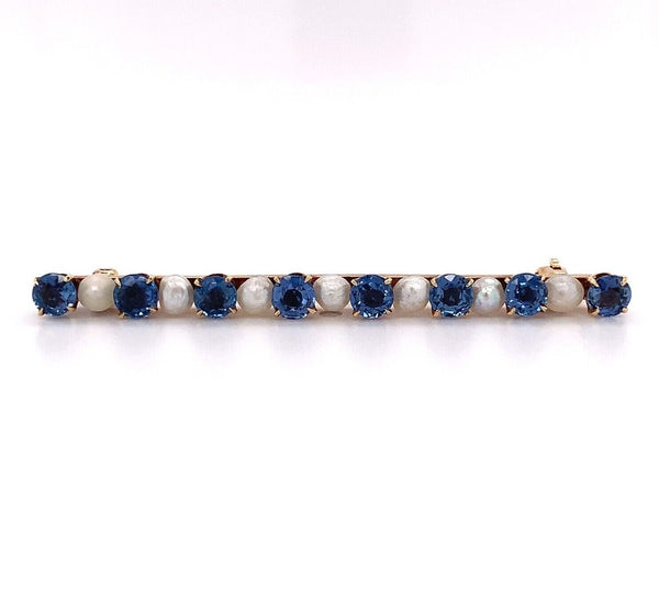 14k Yellow Gold Montana Sapphire and Pearl Bar Pin with GIA Report (#J5644)
