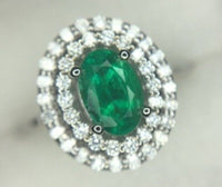 14k White Gold Genuine Natural Emerald Ring with Double Diamond Halo (#J3875)
