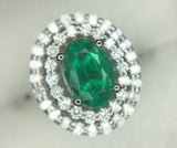 14k White Gold Genuine Natural Emerald Ring with Double Diamond Halo (#J3875)