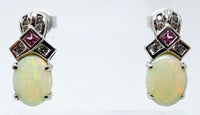 14k Gold Genuine Natural Opal Post Earrings w/ Pink Sapphire & Diamonds (#J3443)