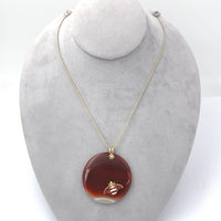 14k Yellow Gold Enamel Bee on Large Genuine Natural Agate Disk Pendant (#J6232)