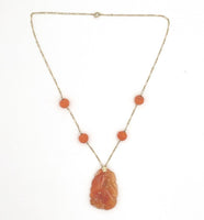 14k Yellow Gold Chinese Export Carved Art Deco Genuine Carnelian Pendant #J7097