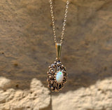 14k Gold Oval Genuine Natural Opal Pendant with Pierced Scrollwork (#J6226)