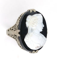 18k White Gold Art Deco Filigree Genuine Natural Stone Cameo Ring (#J6214)