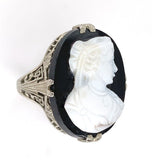 18k White Gold Art Deco Filigree Genuine Natural Stone Cameo Ring (#J6214)