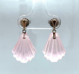 14k White Gold Genuine Natural Rose Quartz Carved Fan Drop Earrings (#J5699)