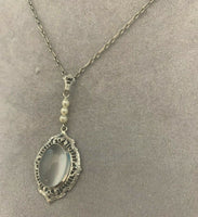 10k White Gold Moonstone Filigree Art Deco Necklace Pendant (#J5318)