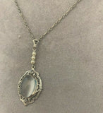 10k White Gold Moonstone Filigree Art Deco Necklace Pendant (#J5318)