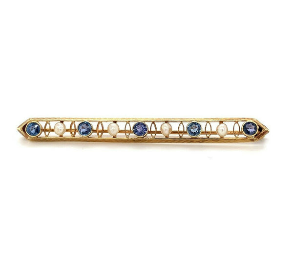 14k Antique Montana Sapphire and Pearl Bar Pin (#J5383)