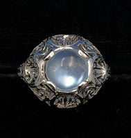 18k Gold Hand Pierced Filigree Genuine Natural Moonstone Ring Blue Flash #J5572