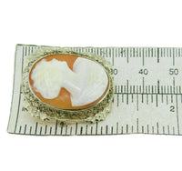 14k White Gold Genuine Natural Shell Cameo Pin Filigree Applied Flowers (#J2146)