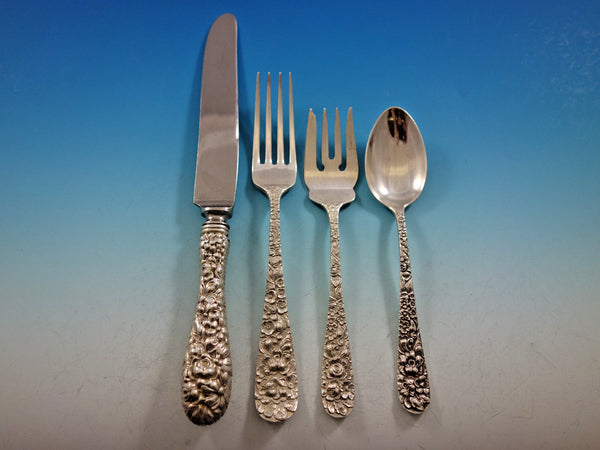 Rose by Stieff Sterling Silver Flatware Set Service 24 pieces Repousse