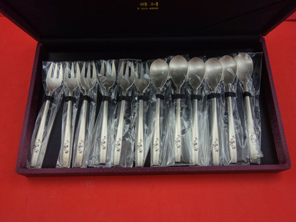 Japanese 800 Silver Dessert Set w/ enameled flowers & leaves in Original Box