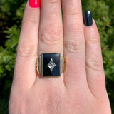 10k Gold Men's Genuine Natural Black Onyx and Diamond Ring Size 7 (#J6630)