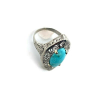 14k White Gold Art Deco Genuine Natural Turquoise Filigree Ring (#J5217)