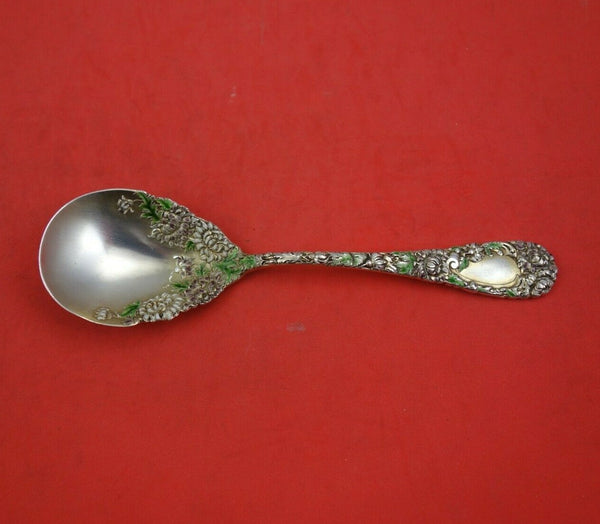 Chrysanthemum by Durgin Sterling Silver Sugar Spoon with White Green Enamel 6"