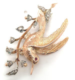 14k Gold and Silver Antique Bird Pin Brooch with Genuine Natural Diamonds #J6368