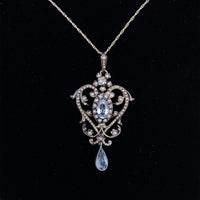 14k Yellow Gold and Silver Top Victorian Aquamarine Lavaliere Pendant (#J5702)