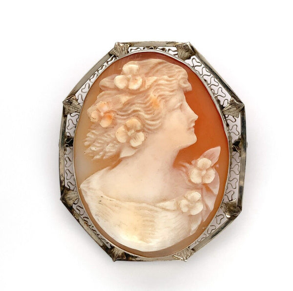 14k Yellow Gold Genuine Natural Shell Cameo Pin Filigree Applied Leaves (#J6244)