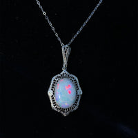 14k White Gold Deco Genuine Natural Opal Filigree Pendant Necklace (#J5701)