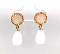 14k Yellow Gold Genuine Natural Moonstone Drop Earrings w/Carved Flowers #J5636