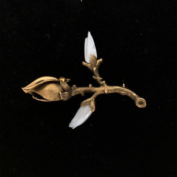 14k Yellow Gold Freshwater River Pearl Magnolia Branch Pin (#J5574)