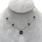 14k Gold Necklace w/Genuine Diamond Black Enamel Lock Pendant and Beads (#J7571)