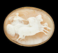 14k Yellow Gold Carved Shell Cameo Pin Brooch Chariot Pulled by Horses (#J6890)