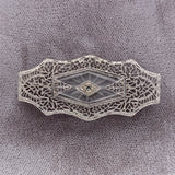 10k White Gold Genuine Natural Rock Crystal Quartz Diamond Filigree Pin (#J5597)