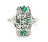 18k 3-Stone Diamond Filigree Ring with Synthetic Lab-Created Emeralds (#J5827)