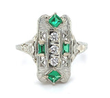 18k 3-Stone Diamond Filigree Ring with Synthetic Lab-Created Emeralds (#J5827)