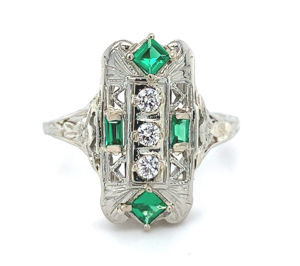 18k 3-Stone Diamond Filigree Ring with Synthetic Lab-Created Emeralds (#J5827)