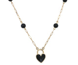 14k Gold Necklace w/ Black Enamel Heart Shape Lock Pendant Onyx Beads (#J7572)